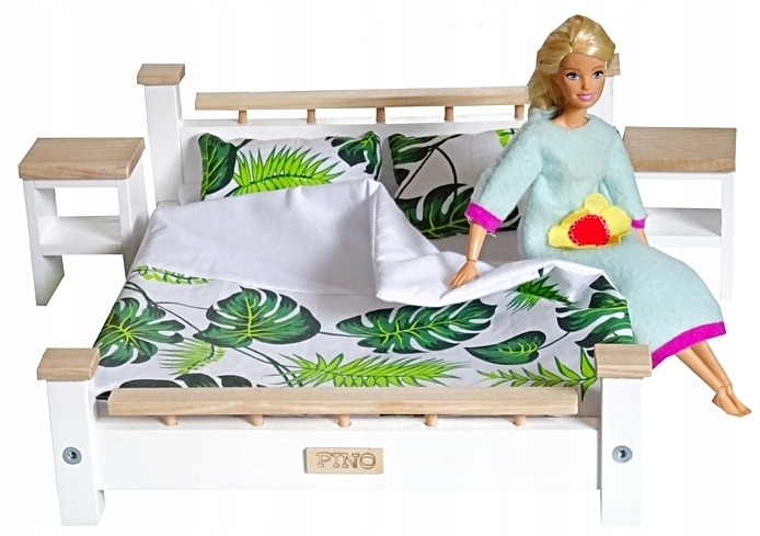 Drevená spálňa pre bábiky, postieľka + nočné stolíky, AKCIA Palmové listy